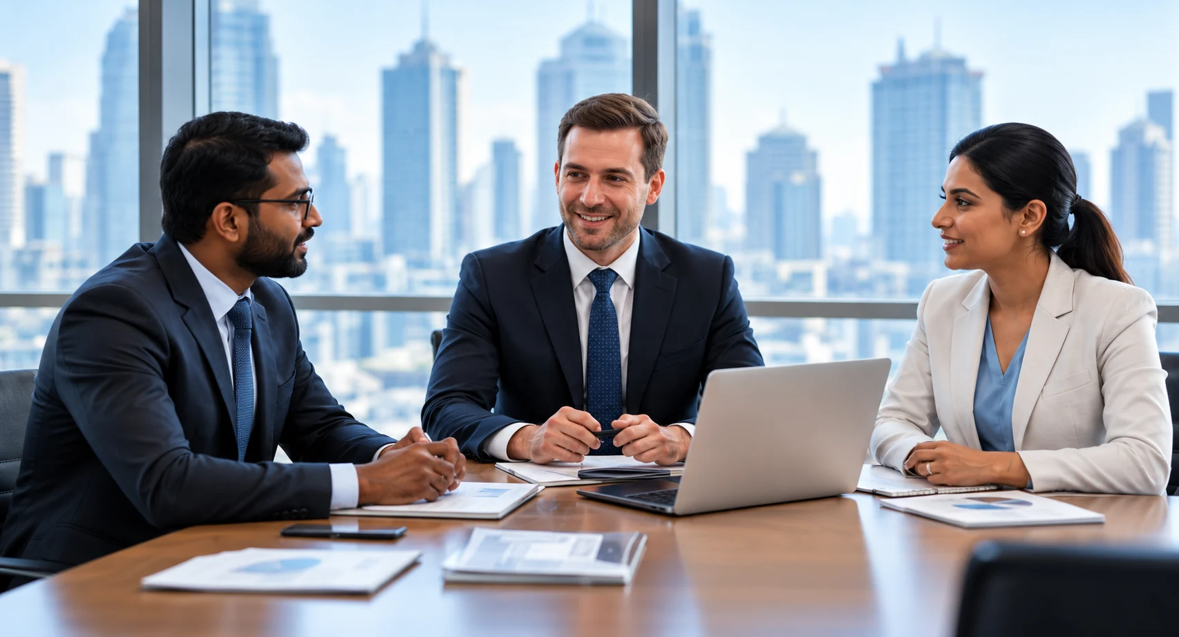 Business partners discussing sourcing opportunities in a city office