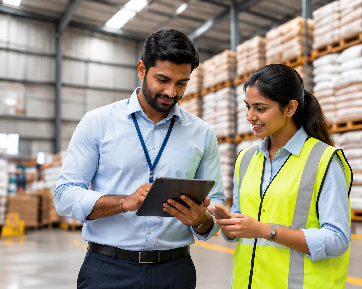 Warehouse colleagues discussing product sourcing requirements on a tablet