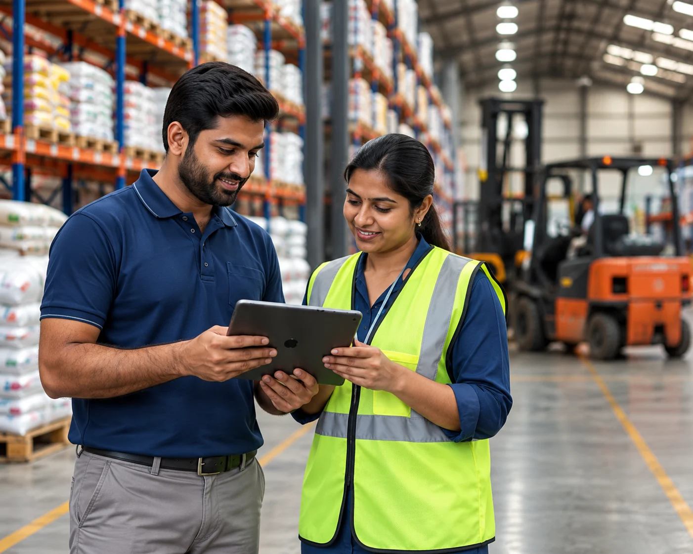 Two warehouse colleagues reviewing a tablet among stocked commodity shelves