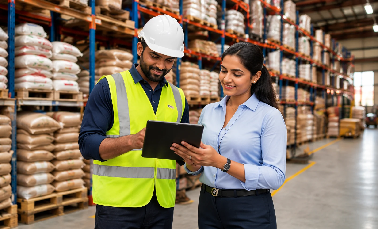 Warehouse sourcing colleagues reviewing a tablet among commodity sacks